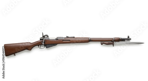 Detailed, side-view illustration of a rifle with a attached bayonet, set against a white backdrop