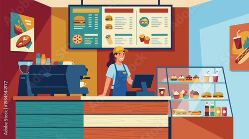 A welcoming cafe interior featuring a smiling barista ready to serve customers alongside a menu full of delightful food and beverage options in a vibrant setting.