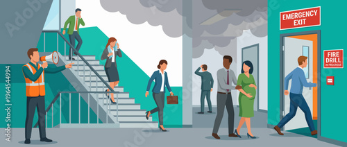 The image depicts a fire drill scenario in an office building where people are evacuating through staircases, led by a staff member using a megaphone to guide them towards safety.