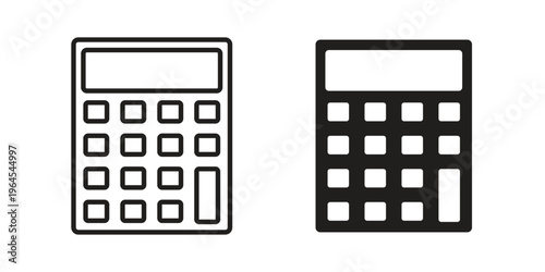 Calculator icons line and solid version, outline and filled vector design set