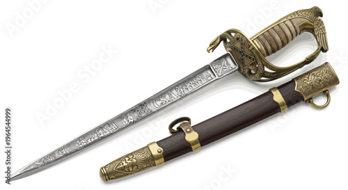 An ornate sword with a detailed hilt and engraved blade, resting near its matching sheath