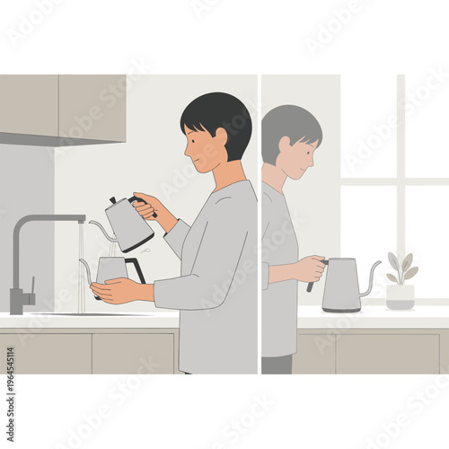 Person making coffee with gooseneck kettle and pour over method.