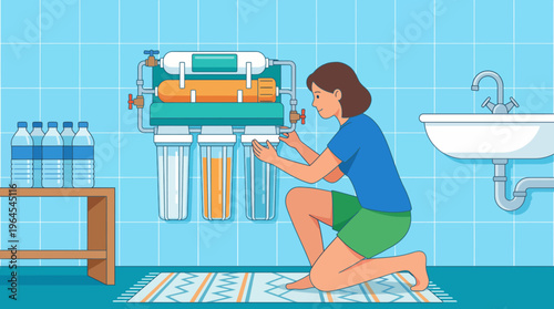 This illustration depicts a person kneeling in a clean bathroom, installing a home water purification system, emphasizing the importance of clean water and personal health.