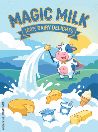 A whimsical cartoon cow portraying a magical theme with dairy products, aimed at capturing attention and promoting joy in children through playful imagery and creativity.