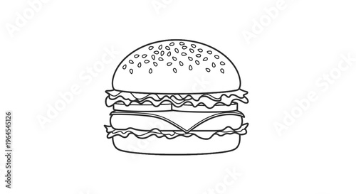 A black and white line drawing of a classic hamburger with sesame seeds on the bun
