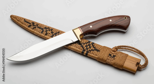 A knife with a wooden handle rests atop a woven leather sheath. The blade is silver