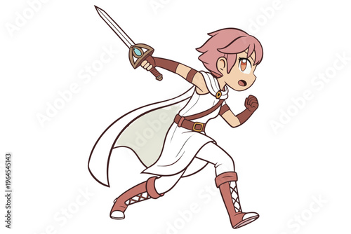 Cute original character design of fantasy female girl warrior, 
 Swordswoman magic fencer knight named Lenaria in Japanese manga. Vector illustration style with isolated white background