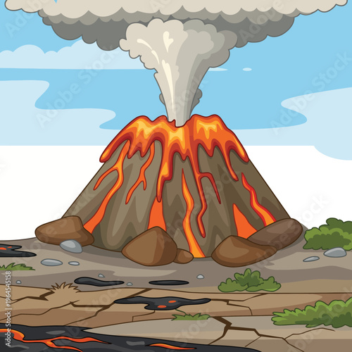 This stunning illustration depicts an erupting volcano with flowing lava and billowing smoke, showcasing the raw power of nature and its dramatic, awe-inspiring beauty.