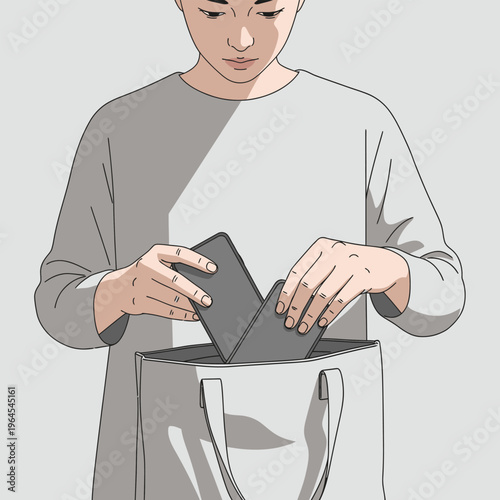 Person placing electronic device into tote bag.