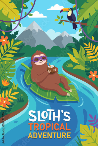 A leisurely sloth floats down a vibrant river, sipping a coconut while embodying relaxation and the joy of nature, aiming to capture the essence of a laid-back tropical adventure.
