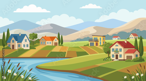 This idyllic illustration panoramic countryside landscape, featuring charming homes by a clear river, surrounded by rolling hills, evokes feelings of tranquility and harmony with nature.