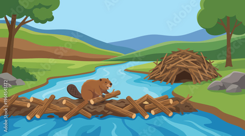 This delightful image showcases a beaver actively building a dam in a serene natural landscape, highlighting the beauty of wildlife and the importance of environmental ecosystems.