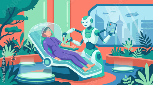 A futuristic medical setting where a friendly robot administers care to a patient, depicting advanced health technology in a vibrant, welcoming environment.