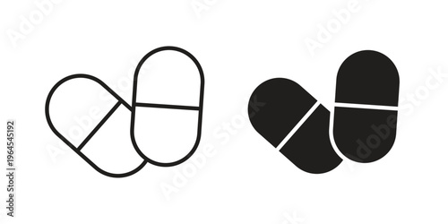 Capsule icons line and solid version, outline and filled vector design set