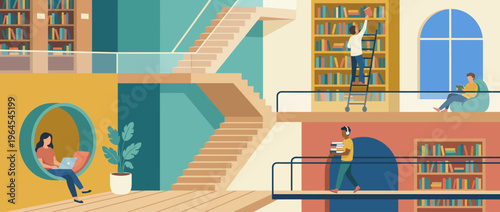 An inviting modern library filled with diverse study areas, encouraging a productive learning environment, self-study, and community engagement amid vibrant architecture.