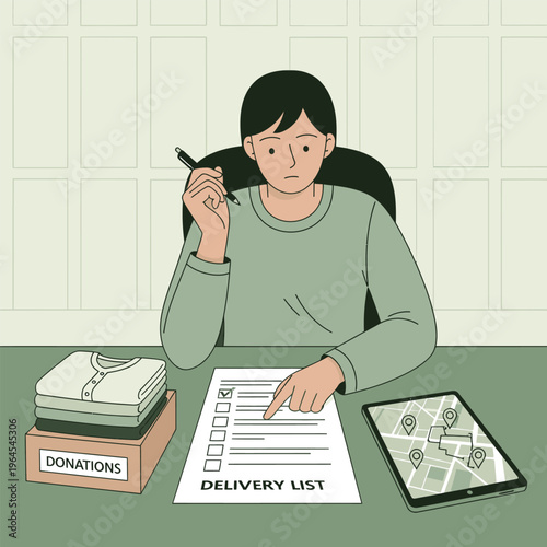 Person thoughtfully reviewing delivery list and donations.