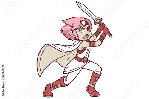 Cute original character design of fantasy female girl warrior, 
 Swordswoman magic fencer knight named Lenaria in Japanese manga. Vector illustration style with isolated white background