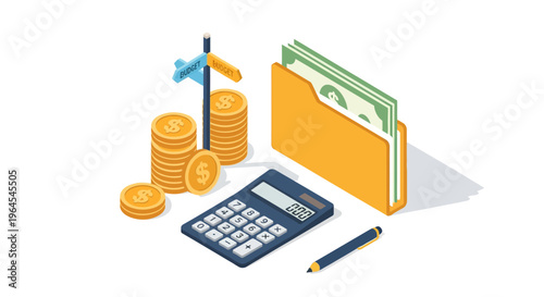 Isometric flat design illustration of budget concepts with stacks of gold dollar coins, a calculator, a yellow folder with banknotes, a blue pen, and a budget signpost on white.