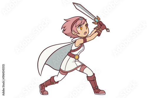 Cute original character design of fantasy female girl warrior, 
 Swordswoman magic fencer knight named Lenaria in Japanese manga. Vector illustration style with isolated white background