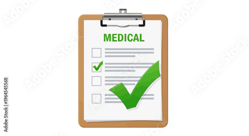 Clipboard with medical checklist and green checkmark, representing health record and approval