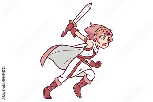 Cute original character design of fantasy female girl warrior, 
 Swordswoman magic fencer knight named Lenaria in Japanese manga. Vector illustration style with isolated white background