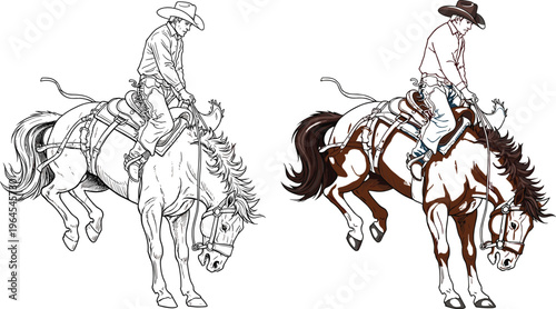 Cowboy riding bucking bronco horse, western rodeo performance, line art and colorful illustration, equestrian sport, flat vector, cad drawing, flavector.
