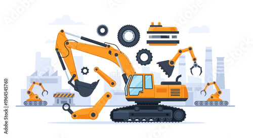 Excavator Assembly, Maintenance & Parts Diagram. Heavy Construction Equipment Engineering and Industrial Manufacturing Components Illustration.