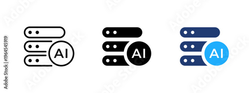 AI data center icon. Server and technology symbol. Cloud, digital and artificial intelligence concept. Network, storage and interface design representing AI, data center and computing systems.
