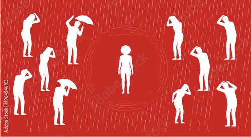 Resilience Concept with Individual Standing Dry in Rain Crowd Symbolizing Inner Calm and Emotional Strength Illustration