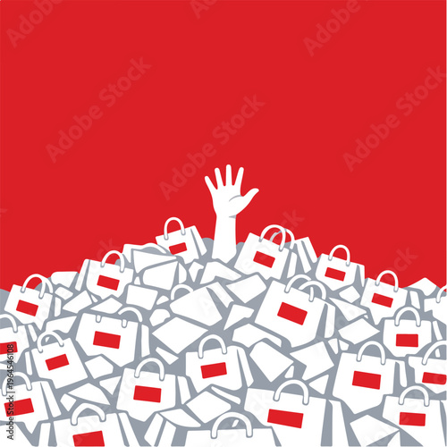 Overconsumption Concept with Person Buried Under Shopping Bags Symbolizing Consumerism Addiction and Material Overload Illustration