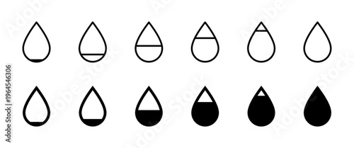 Water drop icon set. Fill and remaining level symbol. Hydration, consumption and daily intake concept. Vector, interface and tracker design representing water, liquid level and wellness monitoring.
