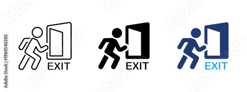 Exit door sign icon. Emergency and safety symbol. Direction, arrow and building concept. Vector, interface and navigation design representing exit, door and safe route.