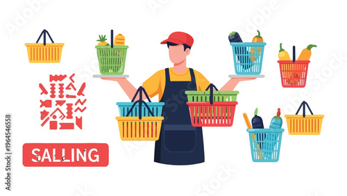 Market Basket Selection: An illustrated seller, balancing a variety of shopping baskets bursting with fresh produce, a visual ode to healthy eating and consumer choice.