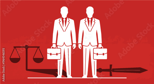 Legal Duality Concept with Two Lawyers Casting Justice Scale and Sword Shadows Symbolizing Ethics Versus Power Illustration