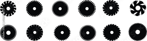 Circular saw blade silhouettes set industrial cutting tools collection woodworking metal blades icons black shapes isolated on white background construction equipment illustration