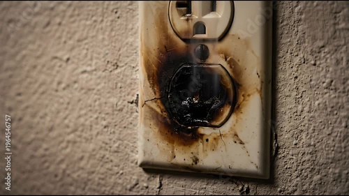 Damaged electrical outlet showing signs of electrical fire and smoke with melted plastic and burn marks on a textured wall background