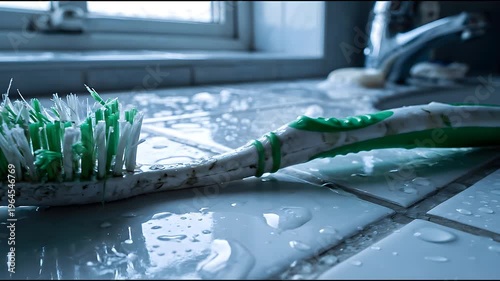 Damaged Toothbrush Lies Wet On A Tiled Countertop Beside A Shiny Faucet In A Bathroom With Soft Natural Light