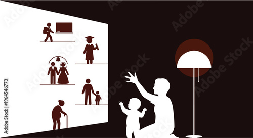Parenthood Future Vision Concept with Shadow Puppets Showing Life Stages Symbolizing Parental Hope and Child Growth Illustration