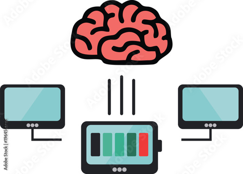 Flat vector illustration of a human brain connected to a digital battery meter and computer screens symbolizing mental fatigue, tech dependency, and digital burnout
