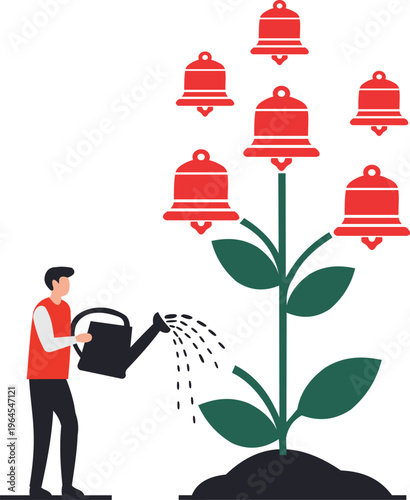 Man Watering Notification Bell Plant Concept for Marketing Growth and Digital Subscription Engagement