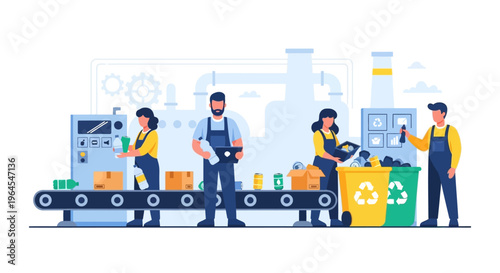Industrial Recycling Process: Workers Sorting & Managing Waste for a Sustainable Future