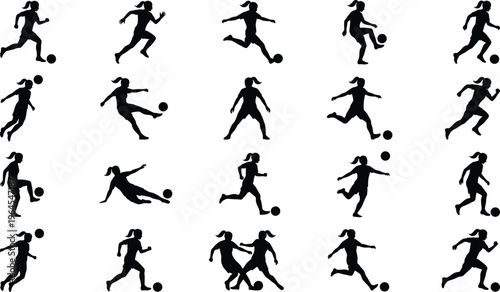 Female soccer player silhouettes collection featuring dribbling kicking running and tackling poses dynamic sports vector set isolated on white background for training design use