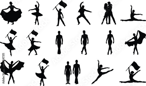 Dance silhouettes collection featuring ballet contemporary jazz and flag performers elegant poses vector set isolated on white background for choreography design projects