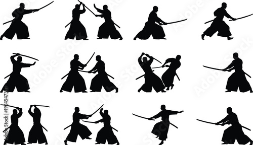 Samurai warrior silhouettes collection featuring katana sword fighting poses dynamic martial arts combat vector set isolated on white background for training design use
