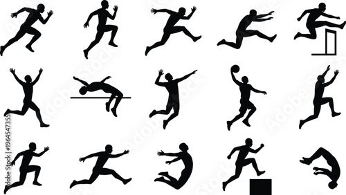 Athlete silhouettes collection featuring running jumping hurdle and basketball action poses dynamic sports vector set isolated on white background for fitness design use