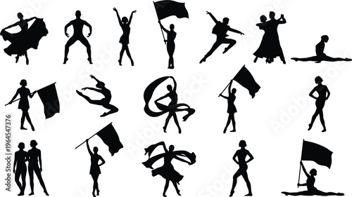 Dance silhouettes collection featuring ballet jazz contemporary and flag performers dynamic poses black vector set isolated on white background for choreography design use