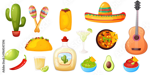 Cinco de Mayo festive elements vector set with cactus, maracas, tacos, tequila, guacamole, sombreros and guitar. Holiday designs objects collection.