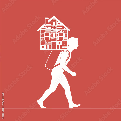 Immigration Identity Concept with Person Carrying House Made of Flags Symbolizing Cultural Transition and Belonging Illustration