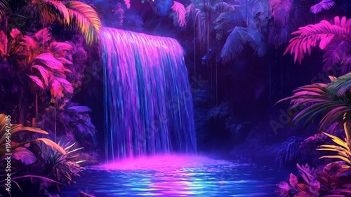 Vibrant Jungle Waterfall with Neon Lights.