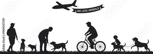People walking dogs silhouette pet owners outdoor lifestyle animal love concept cyclist and banner airplane message we love animals black illustration isolated